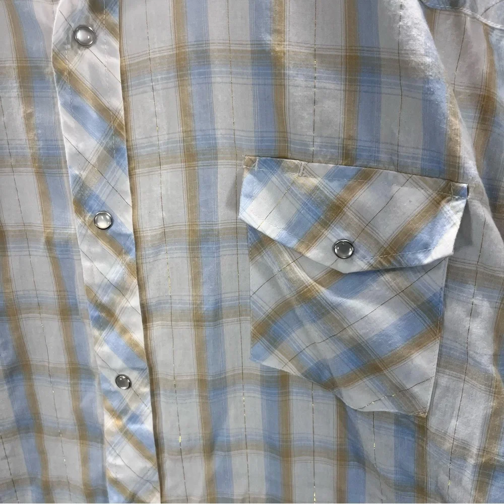 Roper Western Cowboy Button Down Shirt Mens 3XL Tan Blue Plaid Shimmer 2744 - Picture 2 of 8